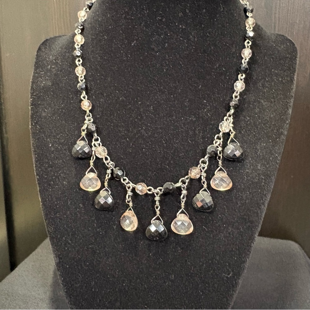 Delicate Black and Clear Beaded Drop Necklace - Picture 2 of 5